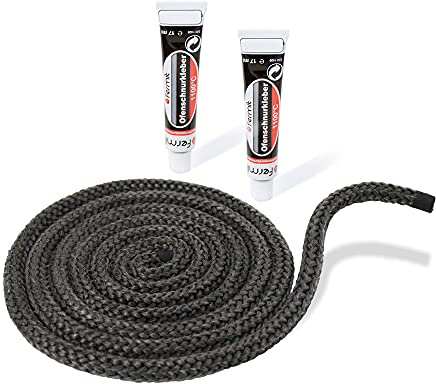 LANZZAS Kamin- & Ofendichtschnur - Ø 12 mm, Länge: 2 m - Glasband für Kamintüren - hitzebeständig bis 550°C - mit feuerfestem Montagekleber
