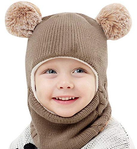 Qersh Baby Wintermütze Schal Schlupfmütze Warm Niedlich Bär Wintermütze Schalmütze Strickmütze mit Bommel Fleecefutter Beanie Mütze für 2-7 Jahre alt Baby (Kaffee, 2-7 Jahre alt)