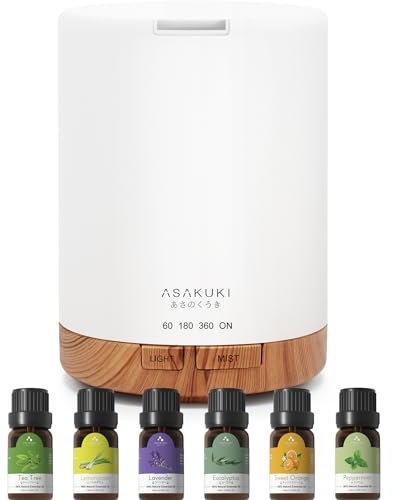 ASAKUKI 300ML Aroma Diffuser mit 6 * 10ML Ätherische Öle Set, Ätherische Öl Diffusor,Ultraschall-Luftbefeuchter für Home Office, 15 Farbe LED mit 4 Timer Einstellung