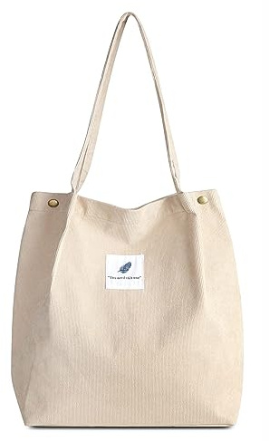 FITDON Cord Umhängetasche Damen, Groß Schultertasche Canvas Tasche Tote Handtasche für Alltag, Büro, Schulausflug und Einkauf