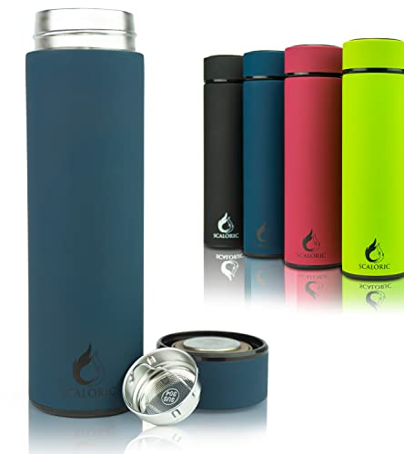 Teeflasche mit Sieb to go - 400ml: Hochwertige Trinkflasche/Teekanne/Teeflasche aus Edelstahl - Inklusiv Sieb für Tee - 100% Auslaufsicher - Tee Flasche to go - 12H warm / 24H kalt (Petrolblau)