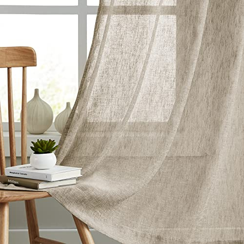 Melodieux Rustikale Leinen-Vorhänge 213 cm lang für Schlafzimmer, Wohnzimmer, natürliches Flachs, strukturiert, Lichtfilter, Stangentasche, Jute, 132x213 cm, Hellbraun (2 Paneele)