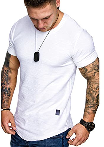 Shownicer T-Shirt Homme Col Rond Classique Manches Courtes Slim Fit Décontracté Monochrome Oversize Fitness Sport Stretch Top Blanc XL