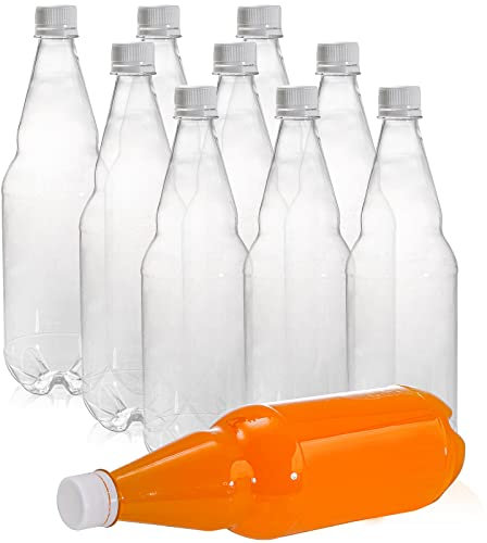 Hiceeden Lot de 10 bouteilles de soda en plastique de 1 l avec bouchons, bouteilles de vin jetables à long goulot avec couvercle, réutilisables pour boissons faites maison, alcool, bière, lait, jus,
