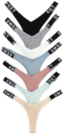 Verdusa Women's 7Pcs G String Thongs Cheeky Low Rise Letter Print Tape Underwear Pack Panties Briefs Multicolor M