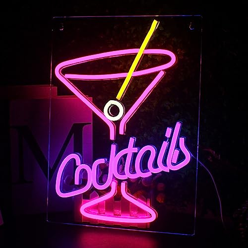 Looklight Cocktails Neon Schild Cocktail Neonlicht Bar Neonschild Rosa Violett Led Schild Wanddekoration Weinglas Leuchtreklame für Home, Bar, Club, Party, Küche