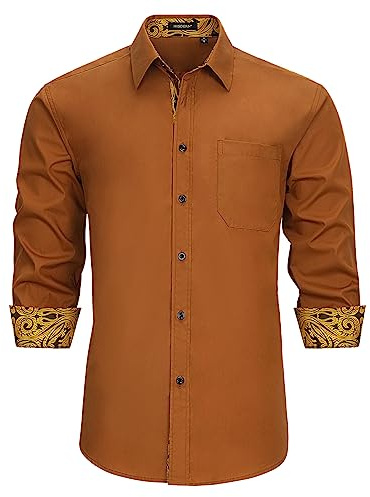 HISDERN Herrskjorta, formell fritidsskjorta, affärsskjortor, fritidsskjortor, långärmad, bomull, klassisk, normal passform, skjortor, Guld/brun, 3XL