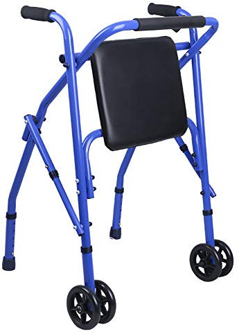 TRFAN Tragbarer aufrechter Gehwagen für Senioren mit Rädern, robuster Faltbarer Gehwagen mit PU-Sitz, höhenverstellbarer Tritthilfe aus Aluminium für Erwachsene, blau Decoration