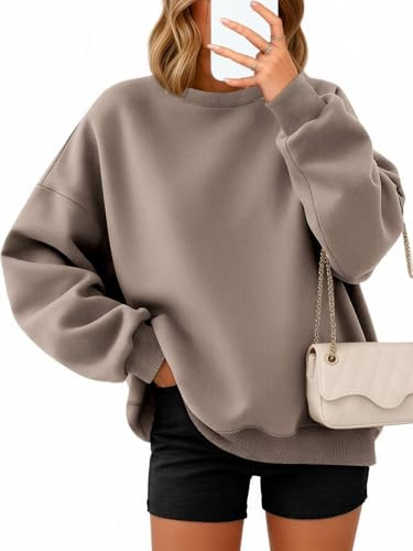Timuspo Sweatshirt Damen Pullover Einfarbig Rundhalsausschnitt Langarm Sweater Herbst Winter Lässig Locker Tops Sport Streetwear Sweatshirts ohne Kapuze Shirt Oberteile, Hellbraun, XL