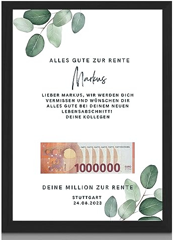 Milaboo® personalisiertes Geldgeschenk zur Rente Mille I besonderes Ruhestand Geschenk I Hahnemühlen Papier A3 A4 A5 optional mit Bilderrahmen