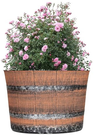 SG Traders Round Plastic Whisky Barrel Garden Pot Flower Pots Planter Tub Patio Pot Outdoor Traditional Barrel Brown with Silver Bands Garden Plant Pots Outdoors with Drainage Holes (Pack of 1)