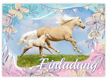 Minkocards 12 Einladungskarten zum Kindergeburtstag Mädchen Pferd mit Fohlen Einladungen zum Geburtstag Kinder bunte Geburtstagseinladungen
