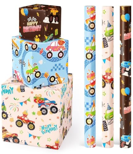 WERNNSAI 3 Rollen Bagger Geschenkpapier 3m x 43cm Monstertruck Junge | Monstertruck Bagger Geschenkpapier für Kinder Mädchen Monster Truck Geburtstag Deko, Feuerwehr Geburtstagsparty Papier