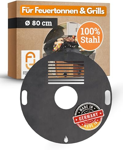 Feuerfest 123 Grillplatte rund I Ø 80cm I Feuerplatte aus Feinkorn-Stahl I Massive Plancha-Platte mit 4mm Stärke I Grillaufsatz für Feuerschale, Feuertonne, BBQ-Grilltonne & Kugelgrill