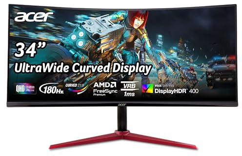 Acer Nitro 3440 x 1440 1500R Monitor curvado para juegos, 86.4 cm UWQHD, AMD FreeSync Premium, actualización de hasta 180Hz, 1ms (VRB) | 400nit | DisplayHDR 400 | 1 x DP 1.4 y 2 x HDMI 2.0 |
