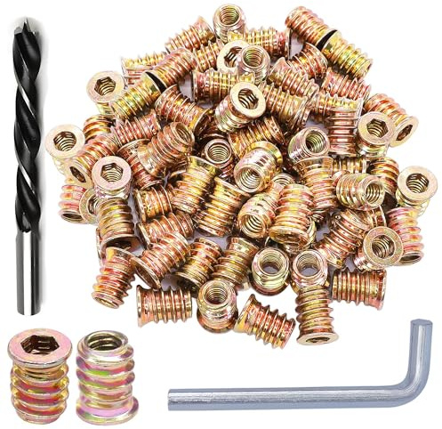 Wadayu 100pcs Threaded Inserts for Wood, Screw in Nut Fastener Connector, Steel Hex Drive Nut Inserts for Home Office Furniture (Gold, 1/4-20 x15mm)