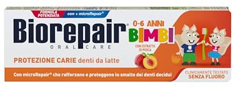 Biorepair, Kinderzahnpasta 0-6 Jahre, 12 Packungen mit je 50 ml, Biorepair Zahnpasta für Kinder ohne Fluorid, Pfirsichgeschmack, Anticarien, für gesundes Zahnfleisch