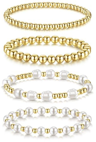 Dochais 14K vergoldetes Perlenarmband-Set - stapelbare Stretch-Kugelarmbänder, eleganter trendiger Schmuck für Frauen und Teenager-Mädchen, 18mm.