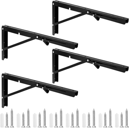 CHUENKUK Lot de 4 consoles pliantes - Charge lourde - 400 mm - Charnière pliante - Console pliante - Noir - Étagère murale pliable - Équerre d'étagère pour mur, étagère, table pliante, bibliothèque,