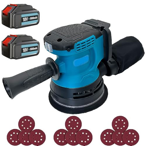 Bürstenlose Akku Exzenterschleifer mit 2pcs 3.0ah Akku, Ersetzen für Makita DBO180Z, Akkuschleifer Schleifgerät, 3 Leistungsstufe, 12PCS 125mm Schleifpapier, Zum Wachsen & Polieren von Holz und Metall