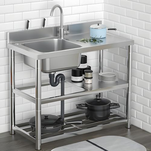 LCBDYLR Stainless Steel Single Bowl Utility Sink Set, Stainless Steel Sink with Cold and Hot Water Pipe, Free Standing Single Bowl Kitchen Sink w/Workbench & Storage Shelves Indoor Outdoor