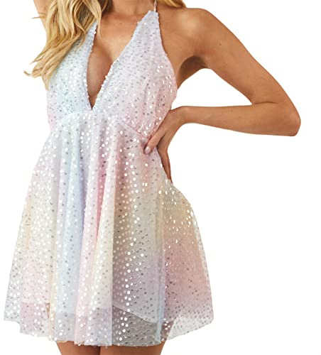 Qianderer Damen Sparkly Pailletten Minikleid Glitzer Glänzend Tiefer V-Ausschnitt Ärmelloses Kleid Tie Up Rückenfrei A-Linie Kleid Tiered Party Rave Clubwear