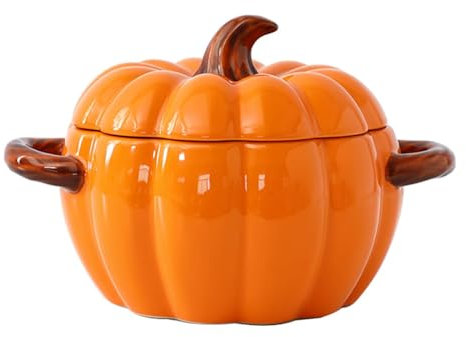 FTNESGYM Zuppiera a forma di zucca, in ceramica, da 1,9 l, adatta al microonde e alla lavastoviglie, casseruola con coperchio, pentola olandese per casa, Ringraziamento, feste di Halloween (arancione)
