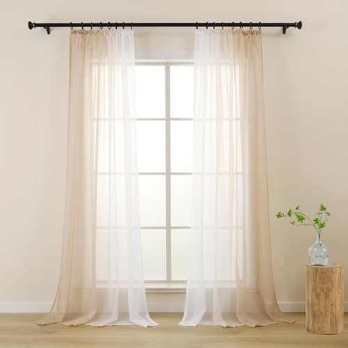 L.Z.E Gardine mit Kräuselband, Transparente Vorhänge Beige Weiß Farbverlauf für Wohnzimmer Schlafzimmer, 140 x 225 cm Lang, 2er Set Voile Gardinenschals für Schienensystem Schiene, Dekorativ
