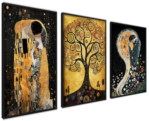 ag.art deco Poster Set 40x50 | 3x Bilder mit Schwarz Rahmen | Stilvolles Bilder Set | Wandpostern Gustav Klimt Kuss Baum des Lebens Paintings Sammlung