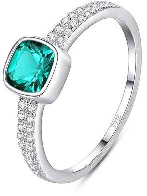 HeyMeili Bague argent 925 pierre coussin anneau fiançailles promesse alliance avec émeraude verte et diamant cz pavé, bijoux cadeaux valentin anniversaire pour femme maman