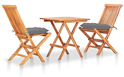 FENLAX 3-TLG. Bistro-Set mit Grauen Kissen Massivholz Teak Gartenmöbel Set Terrassetisch Gartengarnitur Balkontisch Klapp Möbel Balkonset mit Stühle Terrassenmöbel Esszimmergruppe