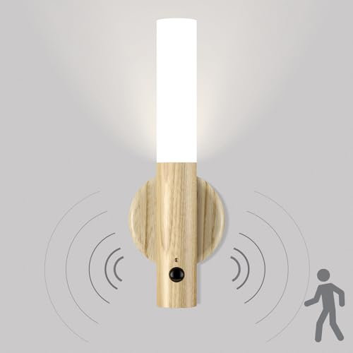 SYMYNELEC Motion Sensor Night Light, LED Rechargeable Wall Lights, Wireless Peel and Stick Night Lights, Removable Magnetic Portable Wooden Wall Sconce for Indoor Hallway Stairway (White Ash Wood)