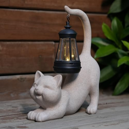 mikilov Katze Harz Statue mit Solar Laterne (Schwanz- Outdoor Laternen&Indoor Statue Dekorationen für Garten,Hof,Veranda,Haus,Balkon