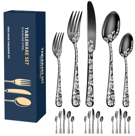 Tagtight Set de couverts en acier inoxydable pour 4 personnes, Couverts de table avec couteau fourchette cuillère, couverts de camping, Couverts à steak, pour restaurant/fête/mariage