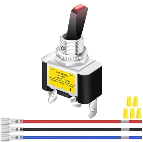 MKBKLLJY 1St. Beleuchteter Kippschalter DC 12V 30A SPST 3polig EIN/AUS Roter LED Schalter mit verriegelten Anschlussdrähten und Kabelkappen für Auto Boot Wohnmobil LED Leuchten Nebelscheinwerfer