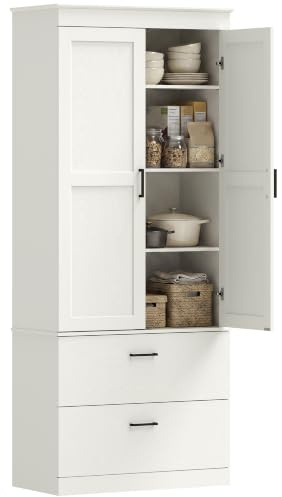 HOMCOM Küchenschrank, Hochschrank mit verstellbaren Regal, 2 Schubladen, Buffetschrank Aufbewahrungsschrank mit Landhaus-Stil Vitrinenschrank für Esszimmer Küche 75x39x178 cm Cremeweiß