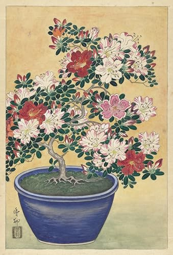 Flowering Azalea In Blue Pot Japanese Traditional Poster Print, Wall Art, Home Decor Various Sizes
