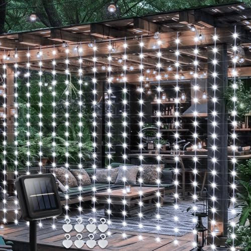 DBFAIRY Solar Curtain Lights Outdoor 2.4M x 1.8M 144 LED Curtain Lights Waterproof with Timer 8 Modes for Garden Patio Fence Gazebo Decor (Cool White)