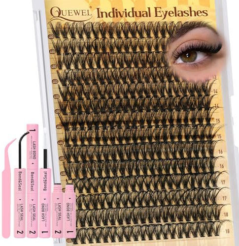 QUEWEL Wimpern-Extensions 40D Lash-Extension-Set gemischt 12-18mm Lash-Cluster mit wasserfester Wimpern-Cluster Kleber und Versiegelung Wimpernpinzette natürlicher Look zu Hause (40D-Set)