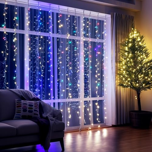 Aigostar Lichterkette Vorhang 3AA Batterie, Lichtervorhang Innen 3x3m mit 300 LED RGB, 8 Modi, Timer, Wasserdicht, Lichterkette Fenster Innen, Im Freien, Christmas Decorations