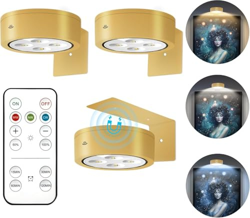 Bildbeleuchtung Kabellos, 2 Stück Magnetische LED Bilderleuchte, Akku Wandleuchte, Wandleuchte Ohne Stromanschluss mit Timing Fernbedienung, 3 Farben Wandspot für Bilderrahmen, Malerei und Kunstwerke