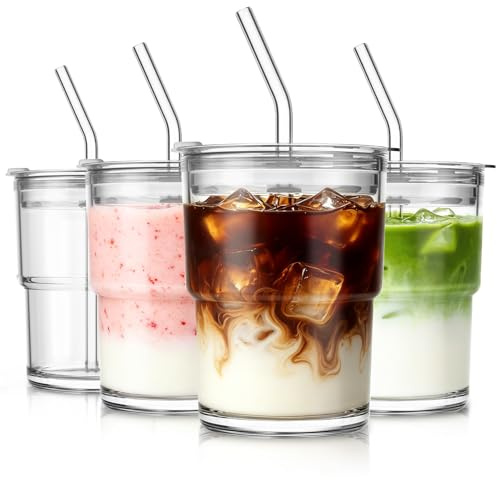 SoulTimes 380ml Glass Tumbler with Lid and Glass Straw Set of 4 – Thick-Walled Iced Coffee Cup, Reusable Clear Glass Cups for Water, Iced Tea, Coffee, Juice, Perfect for On-the-Go & Daily Use