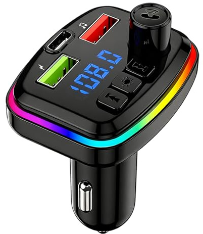 Trasmettitore FM Bluetooth per Auto, Adattatore Bluetooth Auto Doppia Porta USB QC3.0+PD15W, Lettore MP3 con Supporto Chiavetta USB e Scheda SD, Streaming Audio, Display Tensione e Luce LED Ambientale