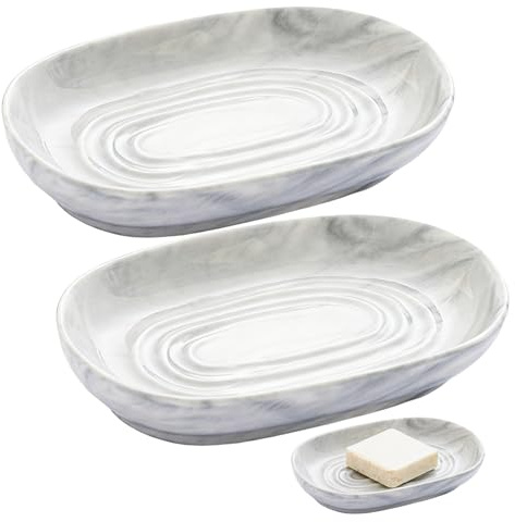 Asheyya 2 Pcs Ceramic Soap Dish, Grey Anti Slip Marble Texture Soap Dishes Tray Holder for Bathroom Kitchen Sink
