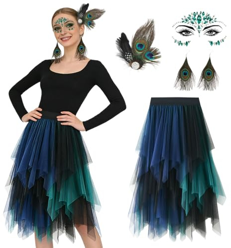 Montrestar Pfau Kostüm Set Damen mit Pfauenfedern Kopfschmuck und Tüllrock Blau Grün, Pfau Rock Pfauenfedern Kostüm für Karneval, Fasching, Mottoparty und Halloween