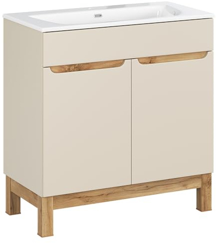 Lomadox Badezimmer Waschtisch 80 cm in Kaschmir und Eiche mit eingelassenem Waschbecken, stehend, modern, grfflos