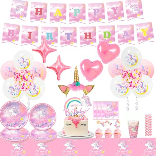 Einhorn Geburtstag Party Set,130 Stück Einhorn Geburtstag Geschirr Deko Set-Einhorn Pappteller und Becher Tischdecke Stirnband Banner etc Unicorn Geburtstagsdeko Zubehör