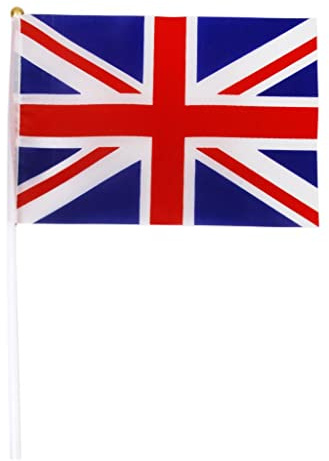 Britische Union Jack Flaggen mit Stangen, Polyester, 21 x 14 cm, Rot, Weiß, Blau, 12 Stück, geeignet für Festivals und Partys