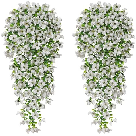 MEIVINES Kunstblumen Hängend 2 Stück 77cm Künstliche Hängepflanzen | Kunstblumen Outdoor Wetterfest Kunstblumen Wie Echt Seidenblumen Plastik Blumen für Außen Innen Garden Balkon (Weiß)