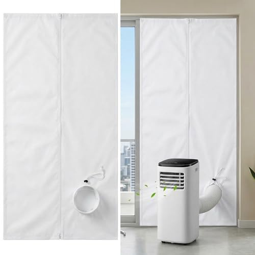 Qoosea Kit de Sellado para Puertas y Ventanas Aire Acondicionado Portátil - 90x210cm con Ojal de Cordoncillo e Incluye 7m de Cinta Adhesiva, para Puertas Correderas y Ventanas